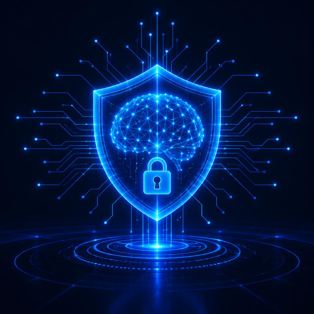 AI KAVACH, glowing digital shield with a neural network brain illustrating the defensive cyber reasoning platform