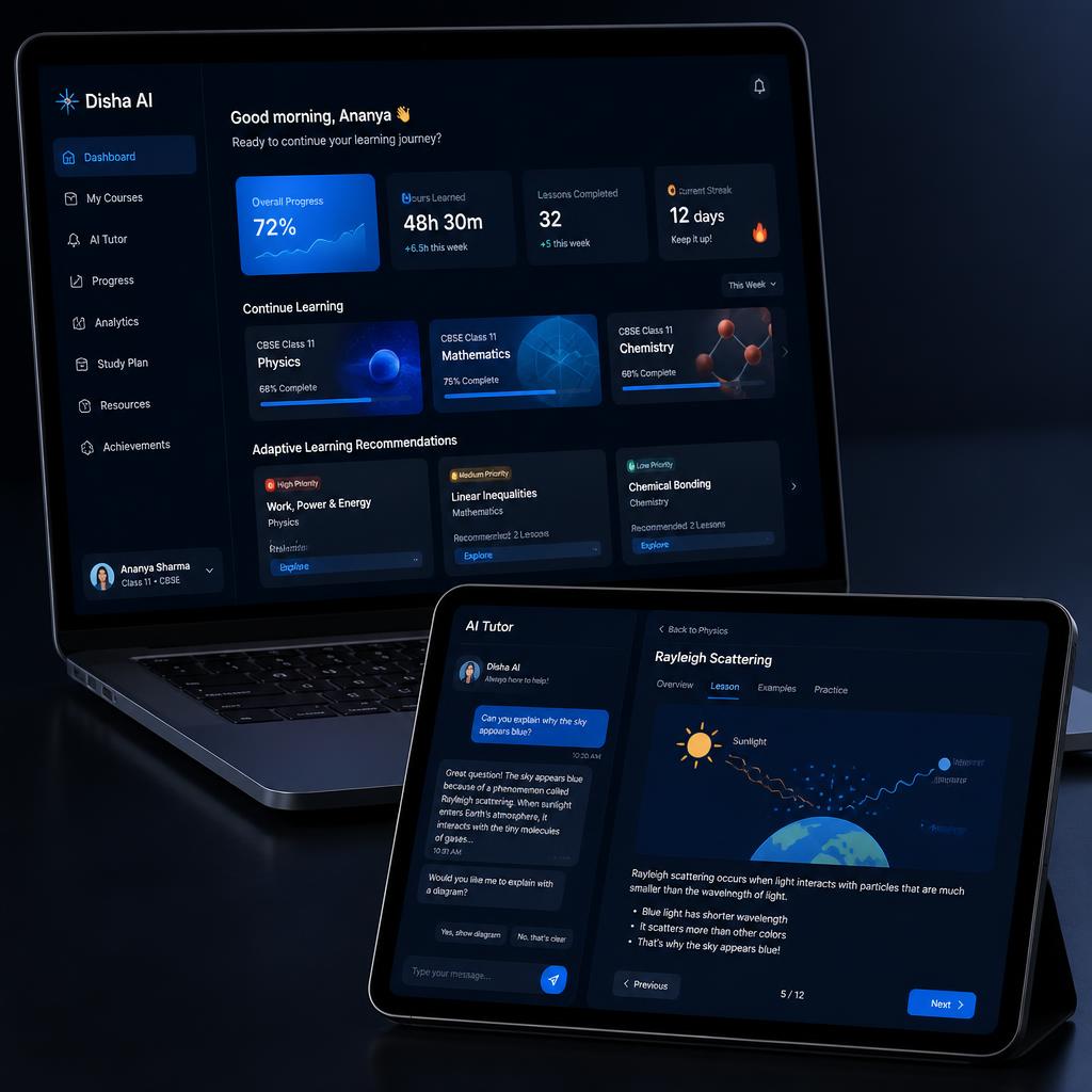 Indram EdTech Disha AI, abstract knowledge graph illustrating the AI-powered education platform