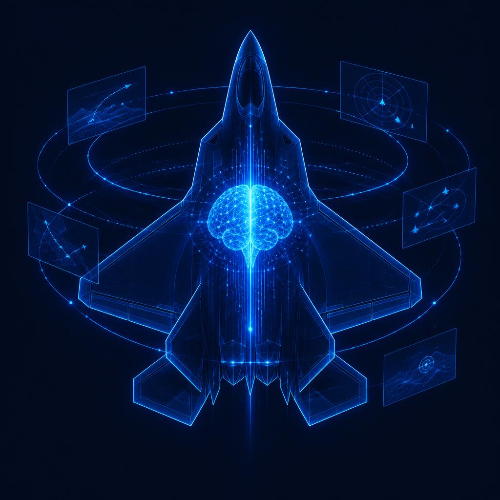 Autonomous Fighter Jet AI Brain, glowing stealth fighter outline with a neural AI core illustrating autonomous aerospace research